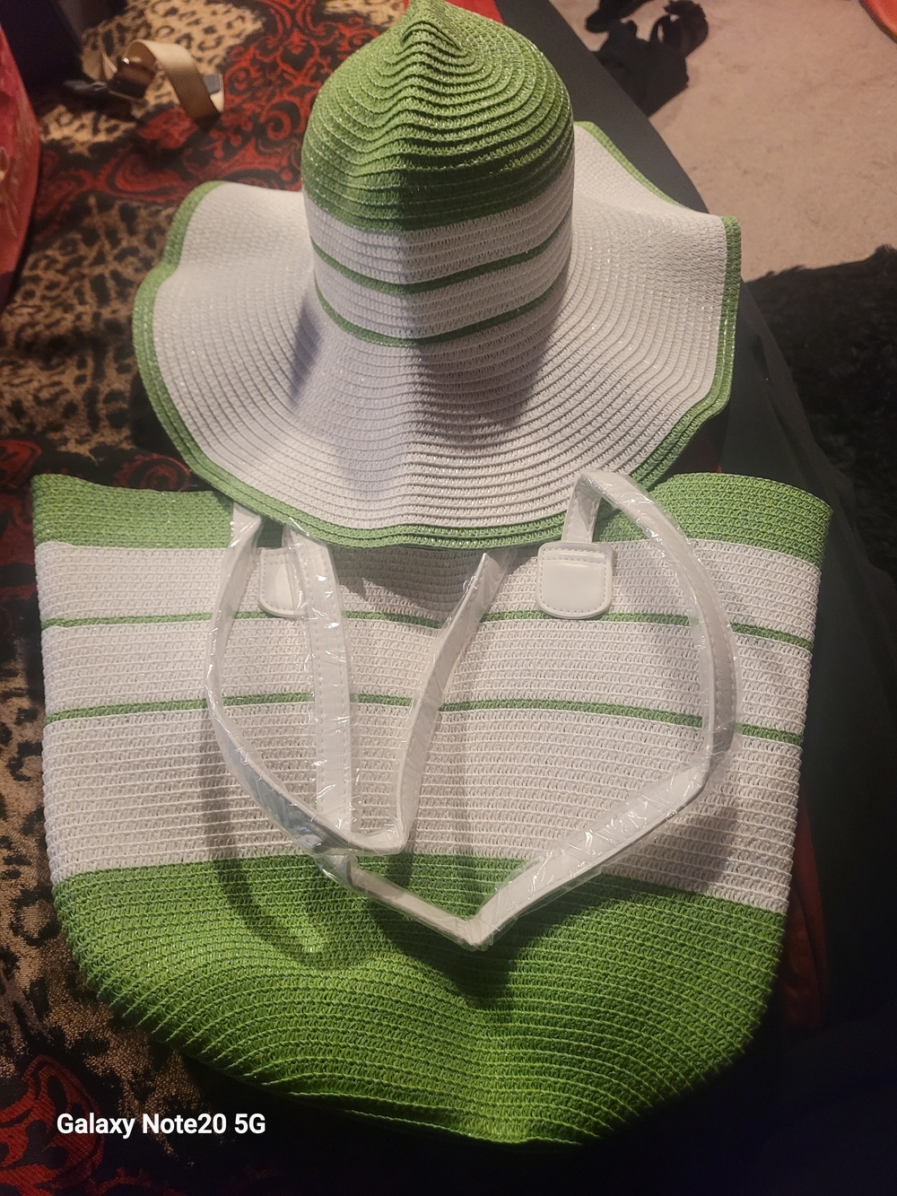 Green & White Striped Sun Hat and Tote Set